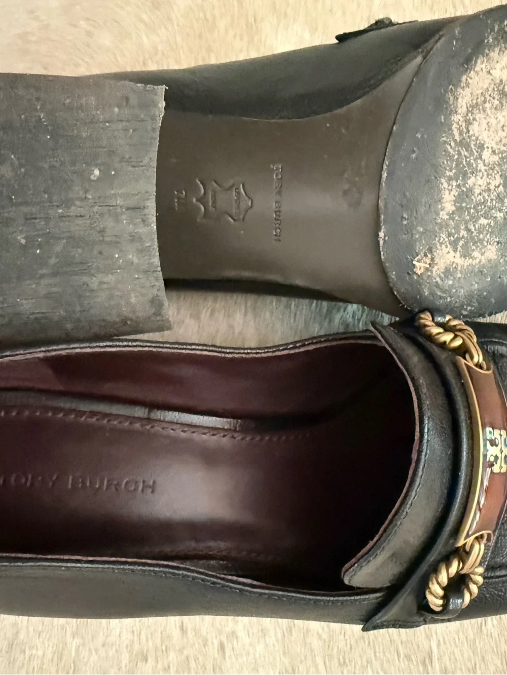 Tory Burch Black Leather Block Heel Loafers with Brown and Gold Trim